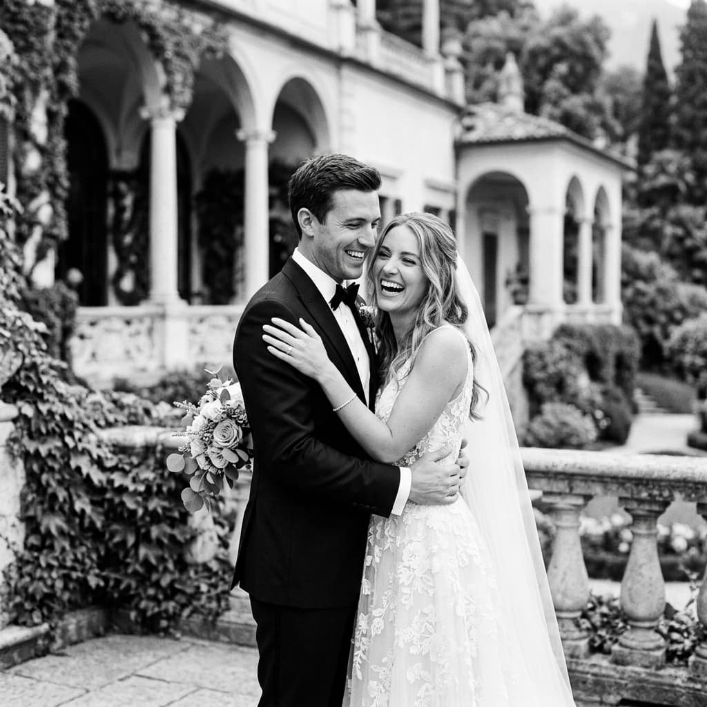 Casal elegante rindo no jardim